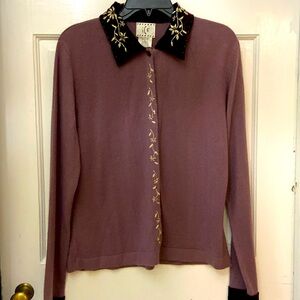ICE Mauve Velvet Trim Cardigan Sweater